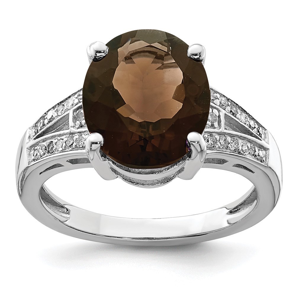 925 Sterling Silver Rhodium Oval Smoky Quartz & Diam. Ring